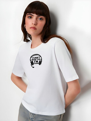 Dressberry Printed Women Round Neck White T-Shirt