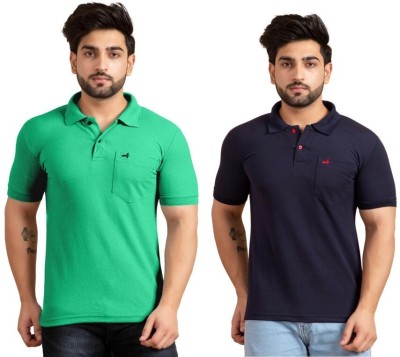 addiz Solid Men Polo Neck Light Green, Navy Blue T-Shirt