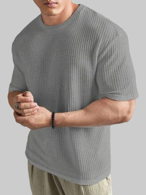 HouseOfCommon Self Design Men Round Neck Grey T-Shirt