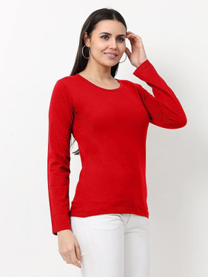 Clori Solid Women Round Neck Red T-Shirt