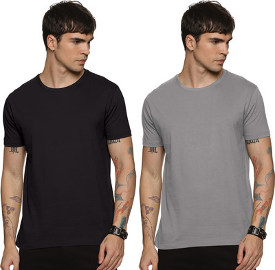 MIT Bharat Solid Men Round Neck Black, Grey T-Shirt