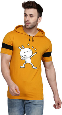 SLOWLORIS Printed Men Hooded Neck Yellow, White T-Shirt