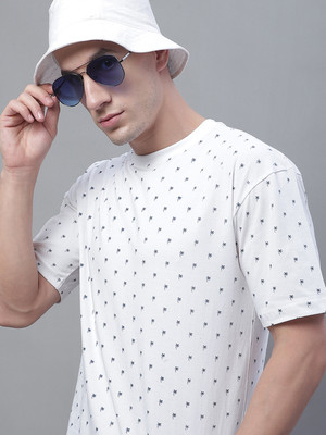 OBAAN Printed Men Round Neck White, Dark Blue T-Shirt