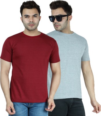 INDIZO Solid Men Round Neck Maroon, Grey T-Shirt