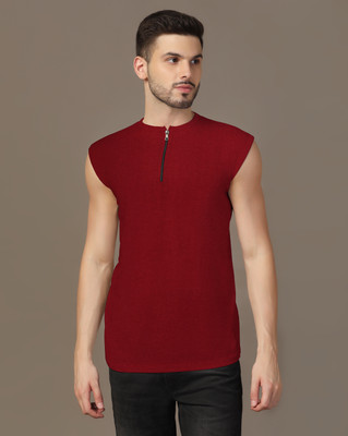 GEUM Solid Men Round Neck Maroon T-Shirt