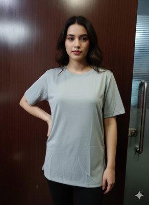 MYo2 Solid Women Round Neck Grey T-Shirt