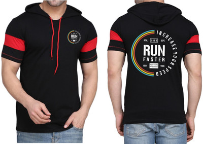 WOOSTRO Printed Men Hooded Neck Black T-Shirt
