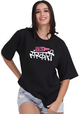 Moda Rapido Printed Women Round Neck Black T-Shirt