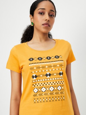 MAX Printed Women Round Neck Yellow T-Shirt