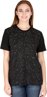 SHAUN Self Design Women Round Neck Black T-Shirt