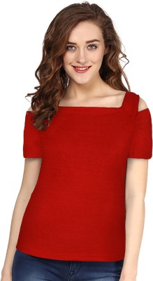 Sai Enterprises Solid Women Square Neck Red T-Shirt