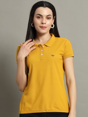 RISS Solid Women Polo Neck Yellow T-Shirt