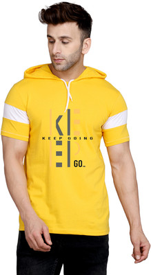 SLOWLORIS Printed Men Hooded Neck Yellow T-Shirt