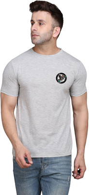 GEUM Solid Men Round Neck Silver T-Shirt