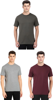 JOCKEY Solid Men Round Neck Grey, Maroon T-Shirt
