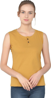 GEUM Solid Women Henley Neck Yellow T-Shirt