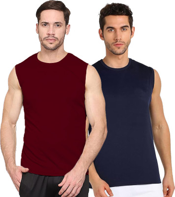 Renowned Solid Men Round Neck Maroon, Navy Blue T-Shirt