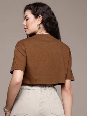 Roadster Solid Women Round Neck Brown T-Shirt