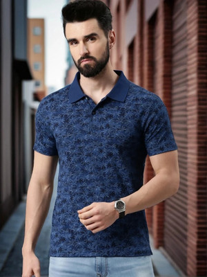 Kryptic Printed Men Polo Neck Blue T-Shirt