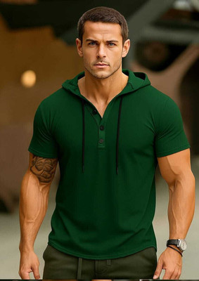 HouseOfCommon Solid Men Hooded Neck Reversible Green T-Shirt