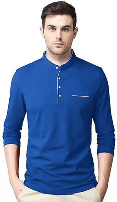 JB Jangoboy Solid Men Mandarin Collar Dark Blue T-Shirt