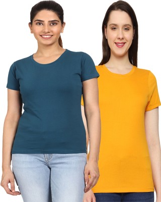 AODACH Solid Women Round Neck Dark Blue, Yellow T-Shirt