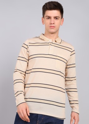 INKKR Striped Men Polo Neck Beige T-Shirt