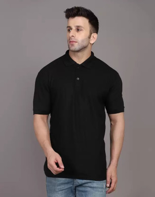 INKKR Solid Men Polo Neck Black T-Shirt