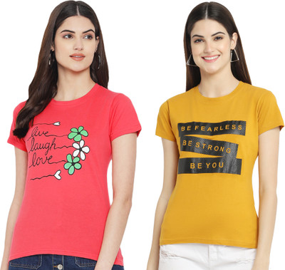 Tromko Printed Women Round Neck Yellow, Pink T-Shirt