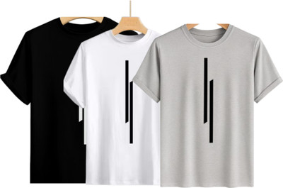 Misty Creation Printed, Self Design Men Round Neck Black, White, Grey T-Shirt
