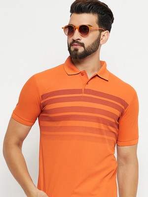 RENUOVO Striped Men Polo Neck Orange T-Shirt