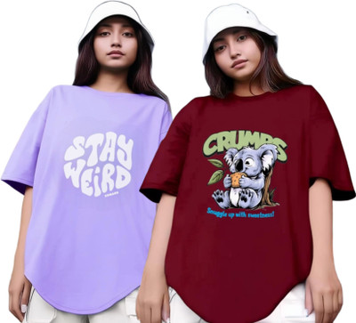 Xsware Printed Women Round Neck Purple, Maroon T-Shirt