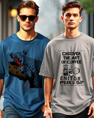 AOOSH Typography Men Round Neck Grey, Dark Blue T-Shirt