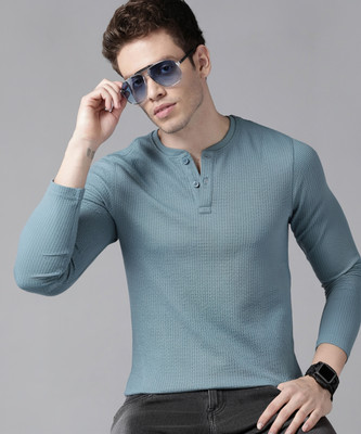 Roadster Self Design Men Henley Neck Blue T-Shirt