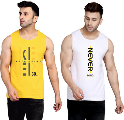 SLOWLORIS Printed Men Round Neck Yellow, White T-Shirt