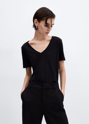 COLOR CAPITAL Solid Women V Neck Black T-Shirt
