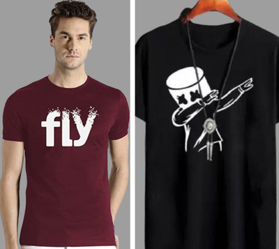ATTITUDE START OF FASHION Printed Men Round Neck Maroon, Black T-Shirt