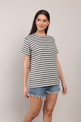MODYNE Striped Women Round Neck White, Black T-Shirt
