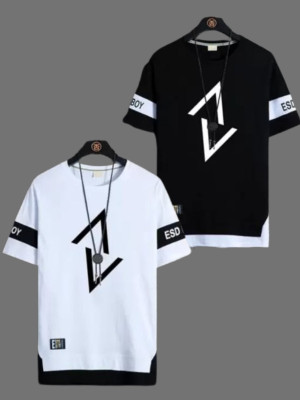 STYLOGUE Printed Men Round Neck White, Black T-Shirt