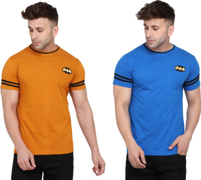 Blisstone Self Design Men Round Neck Gold, Blue T-Shirt