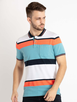 Status Quo Striped Men Polo Neck Navy Blue T-Shirt