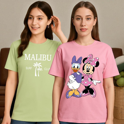 Elvia Printed Women Round Neck Pink, Light Green T-Shirt