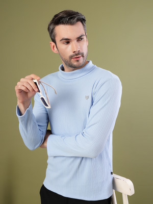 RIGO Solid Men Turtle Neck Blue T-Shirt