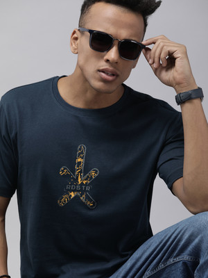 Roadster Printed, Typography Men Round Neck Blue T-Shirt