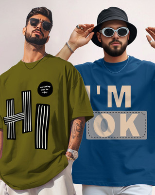 AOOSH Printed Men Round Neck Green, Dark Blue T-Shirt