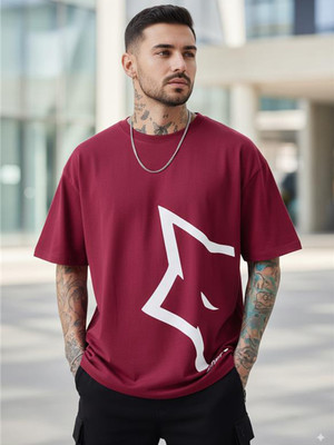 JUST ROAR Printed Men Round Neck Maroon T-Shirt