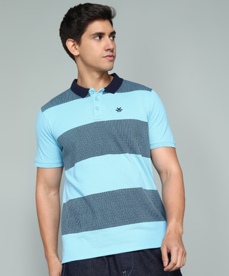 WROGN Striped Men Polo Neck Light Blue T-Shirt