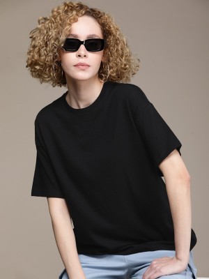 Roadster Solid Women Round Neck Black T-Shirt