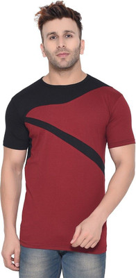 GEUM Colorblock Men Round Neck Maroon, Black T-Shirt