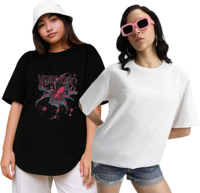 R S Fashion Printed Women Round Neck Black, White T-Shirt